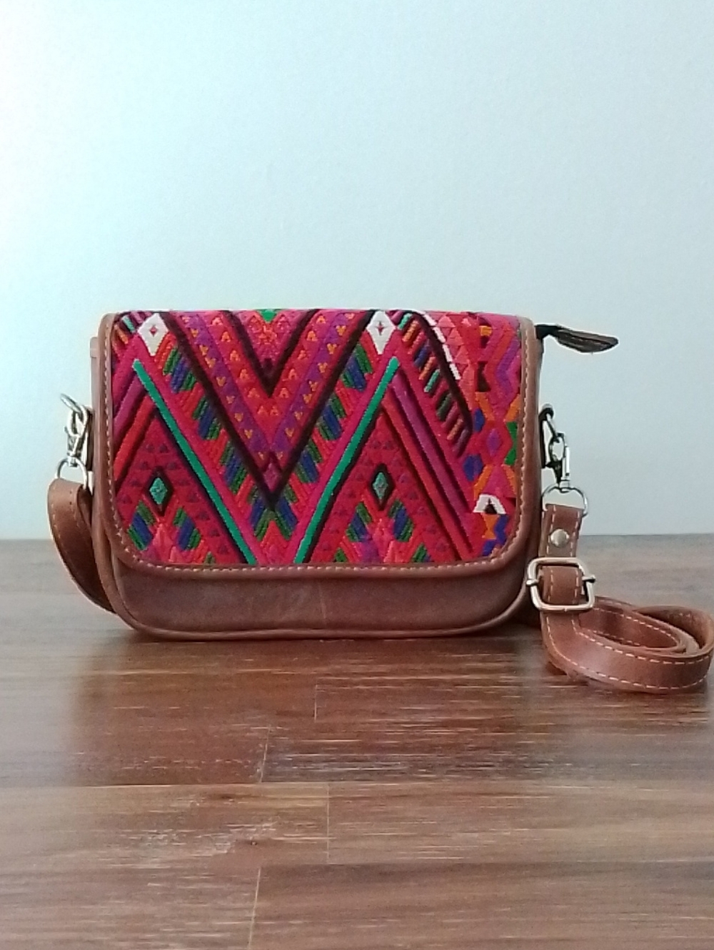 Handcrafted Multicolor Embroidered Crossbody Bag with Brown Leather Trim
